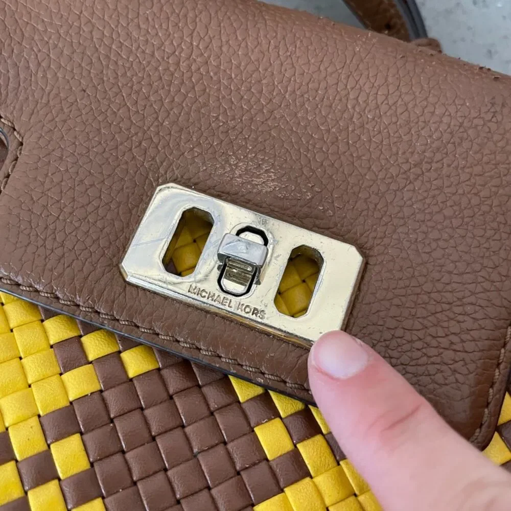 Michael Kors Mini Bag Karson Satchel Woven Brown Yellow Leather crossbody